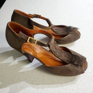 Chie Mihara micro suede leather heals - fringe t strap front